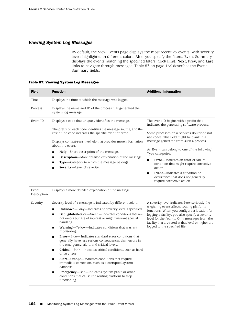 Viewing system log messages | Juniper Networks J-Series User Manual | Page 186 / 332