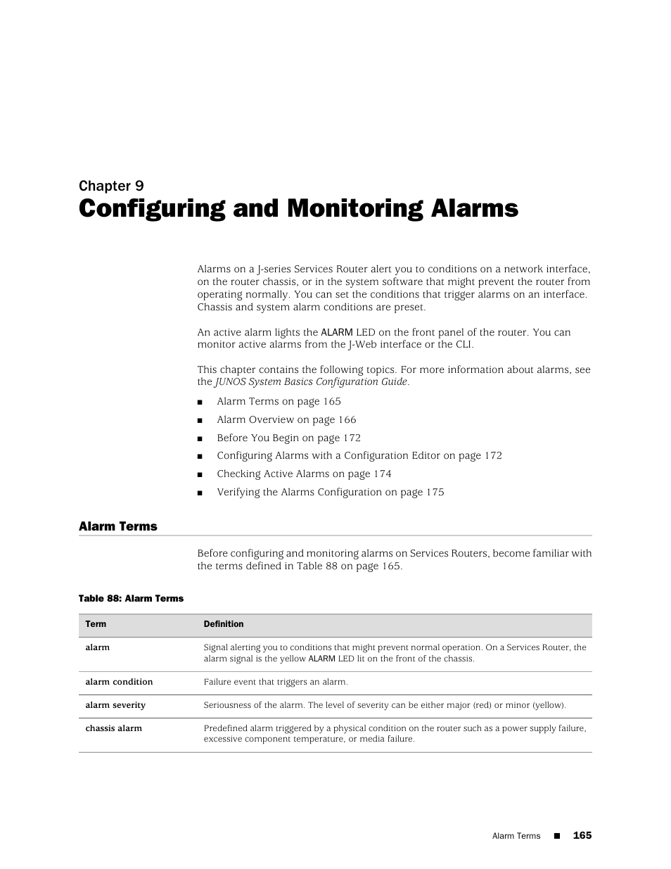 Configuring and monitoring alarms, Alarm terms, Chapter 9 | Juniper Networks J-Series User Manual | Page 187 / 332