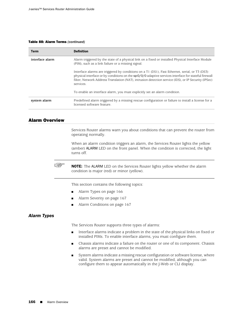 Alarm overview, Alarm types | Juniper Networks J-Series User Manual | Page 188 / 332