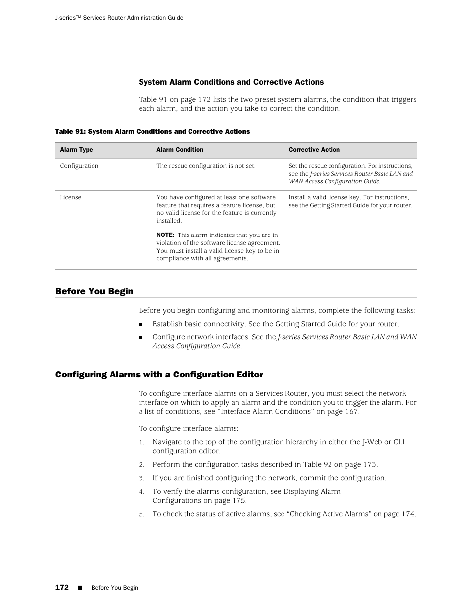 System alarm conditions and corrective actions, Before you begin, Configuring alarms with a configuration editor | 172 configuring alarms with a configuration editor | Juniper Networks J-Series User Manual | Page 194 / 332