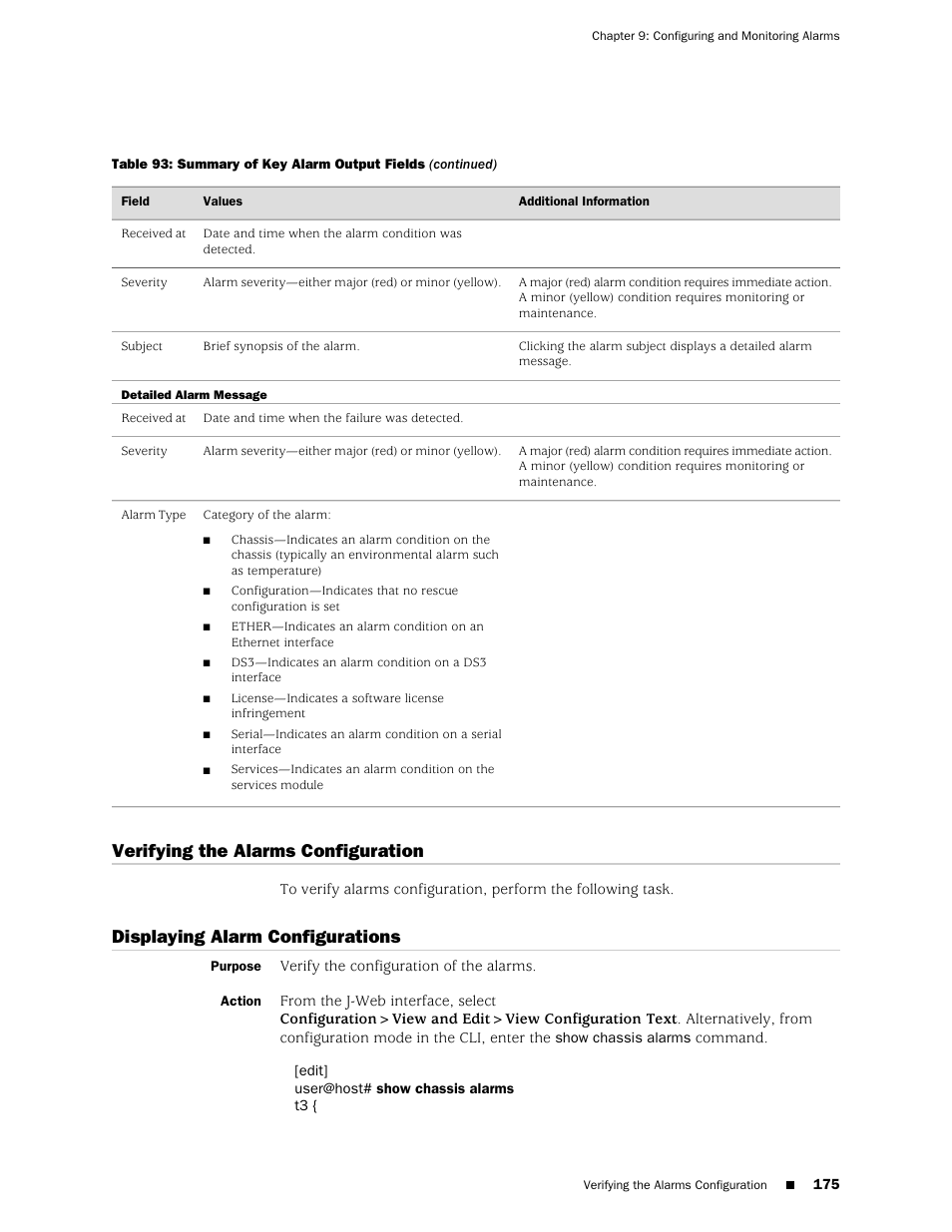 Verifying the alarms configuration, Displaying alarm configurations | Juniper Networks J-Series User Manual | Page 197 / 332
