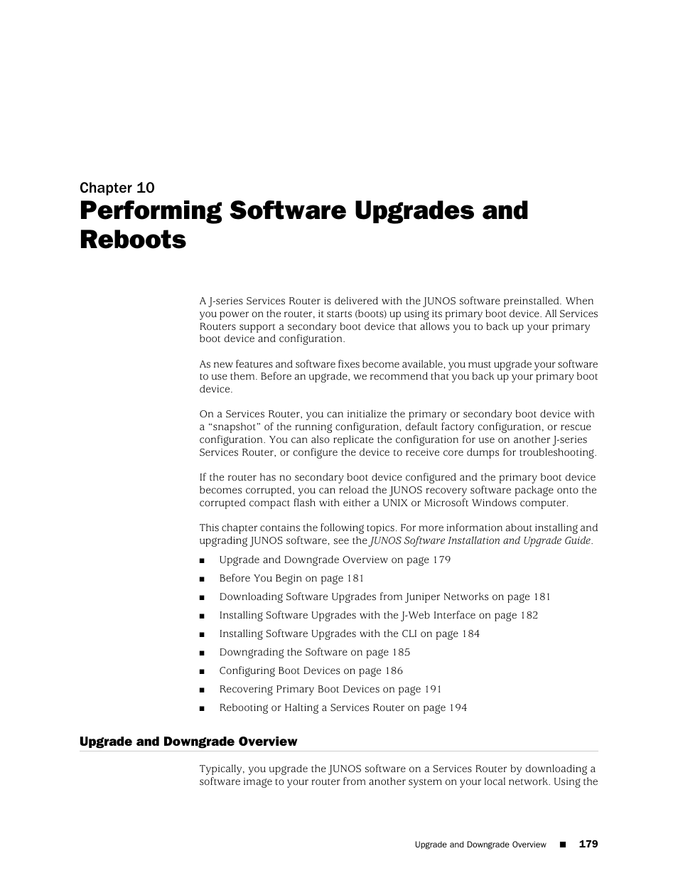 Performing software upgrades and reboots, Upgrade and downgrade overview, Chapter 10 | Juniper Networks J-Series User Manual | Page 201 / 332