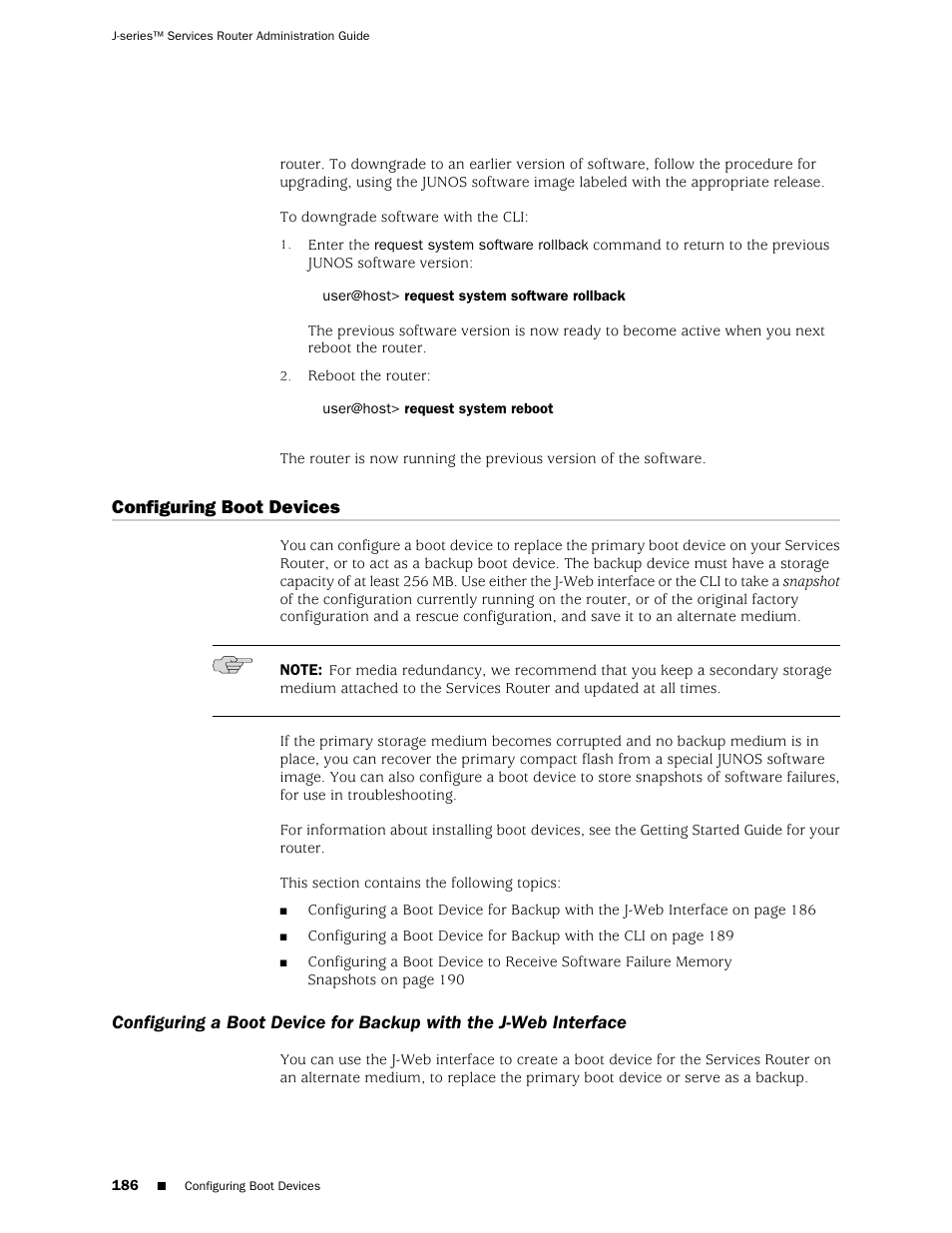 Configuring boot devices | Juniper Networks J-Series User Manual | Page 208 / 332