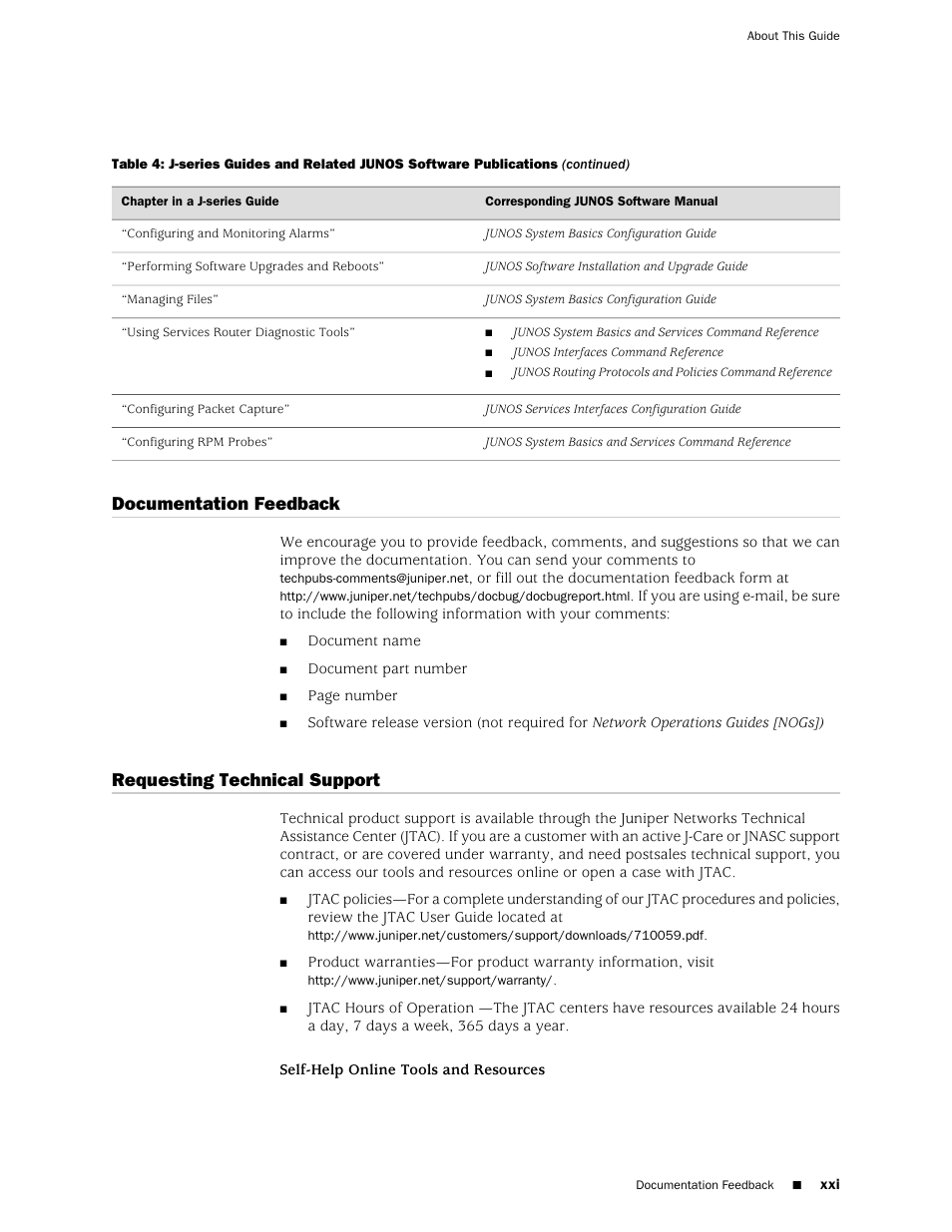 Documentation feedback, Requesting technical support, Xxi requesting technical support | Juniper Networks J-Series User Manual | Page 21 / 332