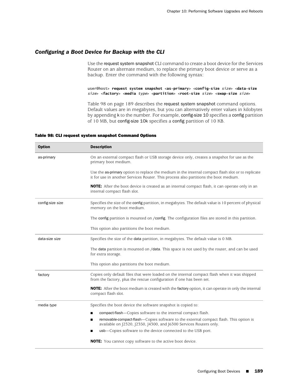 Configuring a boot device for backup with the cli | Juniper Networks J-Series User Manual | Page 211 / 332