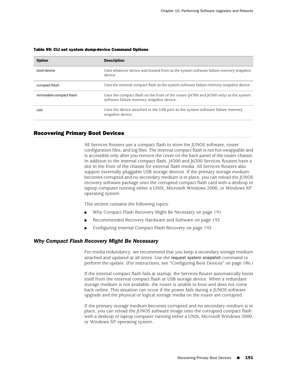 Recovering primary boot devices, Why compact flash recovery might be necessary | Juniper Networks J-Series User Manual | Page 213 / 332