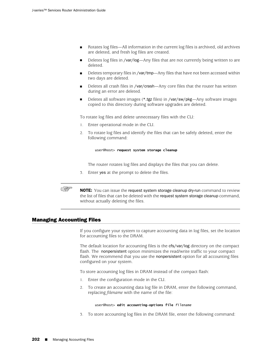 Managing accounting files | Juniper Networks J-Series User Manual | Page 224 / 332