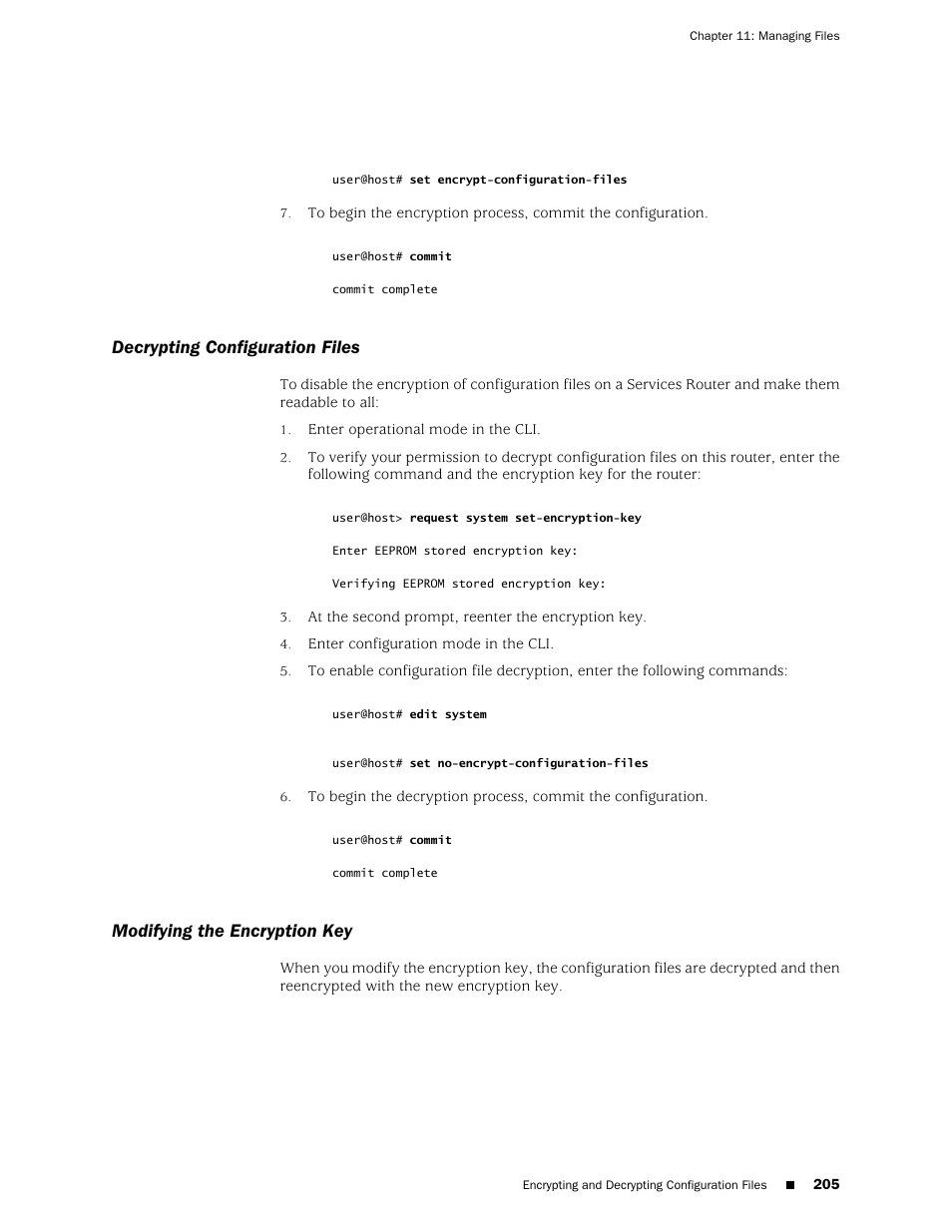 Decrypting configuration files, Modifying the encryption key, 205 modifying the encryption key | Juniper Networks J-Series User Manual | Page 227 / 332