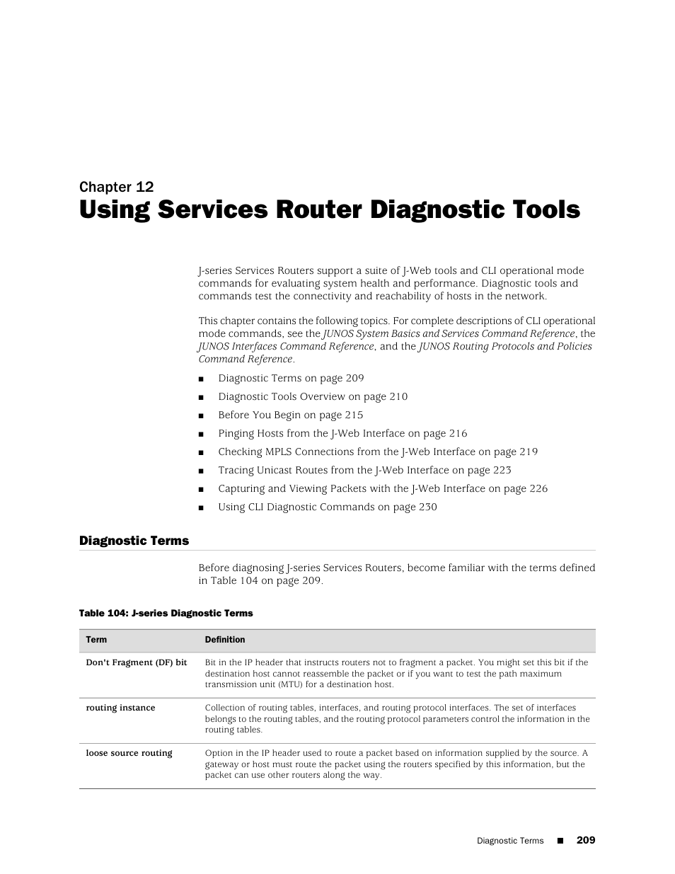 Using services router diagnostic tools, Diagnostic terms, Chapter 12 | Juniper Networks J-Series User Manual | Page 231 / 332