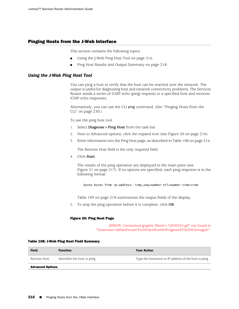 Pinging hosts from the j-web interface, Using the j-web ping host tool | Juniper Networks J-Series User Manual | Page 238 / 332