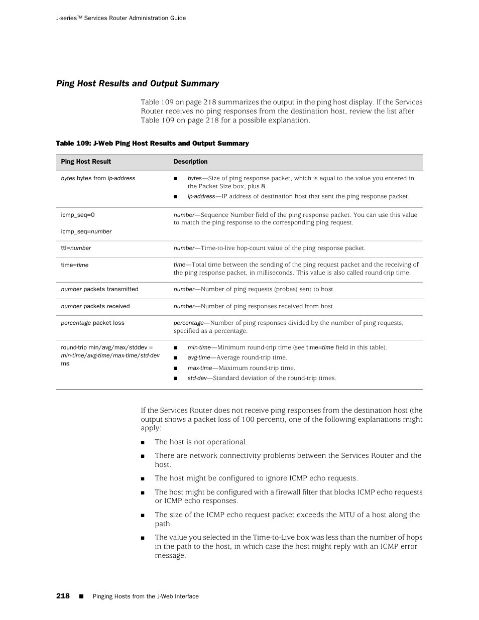 Ping host results and output summary | Juniper Networks J-Series User Manual | Page 240 / 332