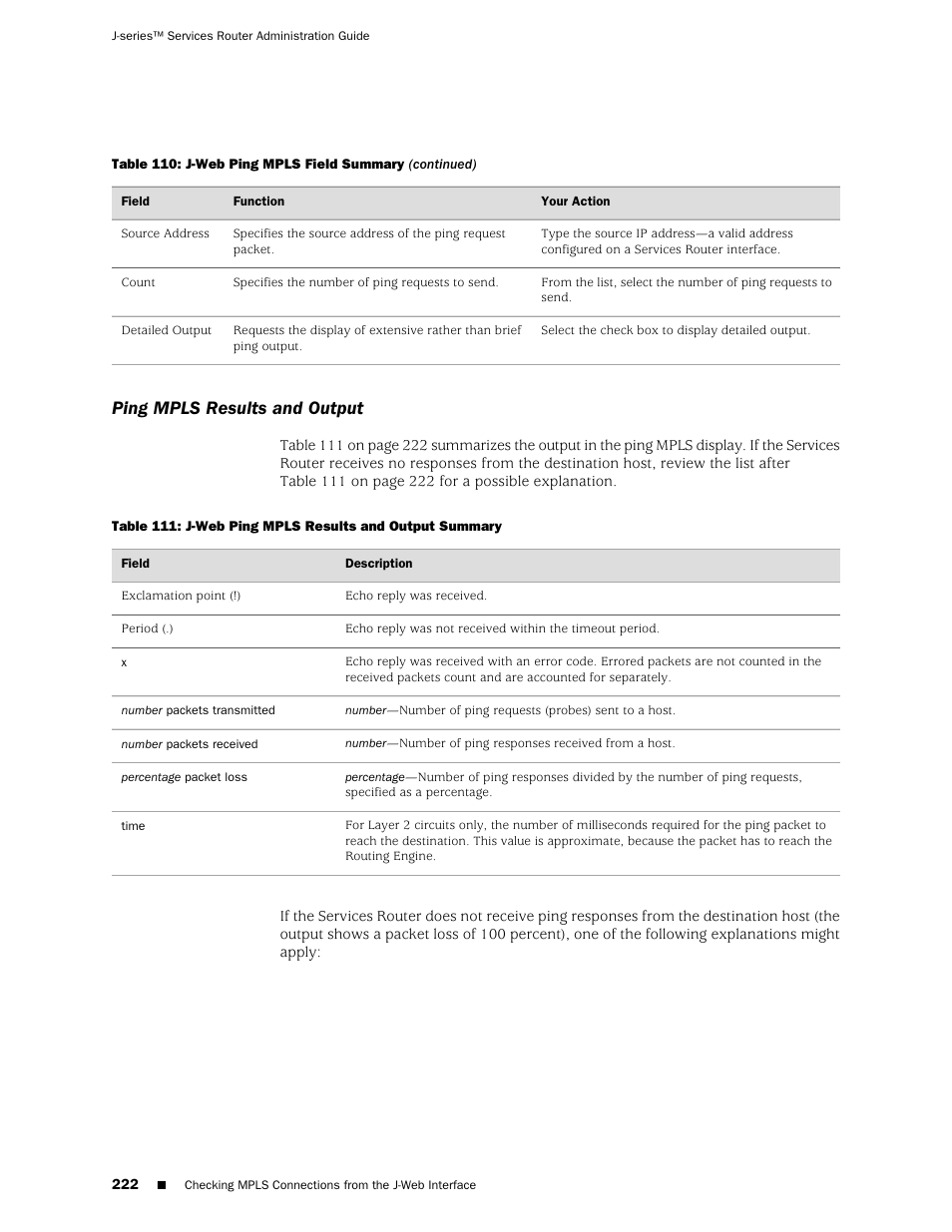 Ping mpls results and output | Juniper Networks J-Series User Manual | Page 244 / 332