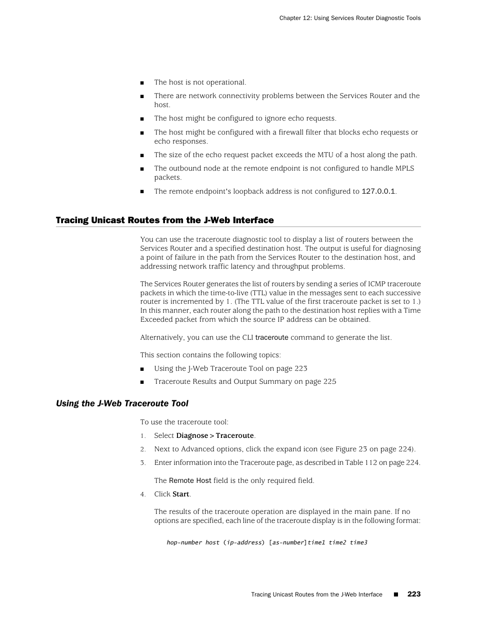 Tracing unicast routes from the j-web interface, Using the j-web traceroute tool | Juniper Networks J-Series User Manual | Page 245 / 332