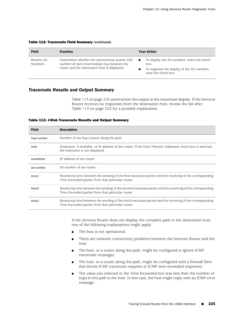 Traceroute results and output summary | Juniper Networks J-Series User Manual | Page 247 / 332