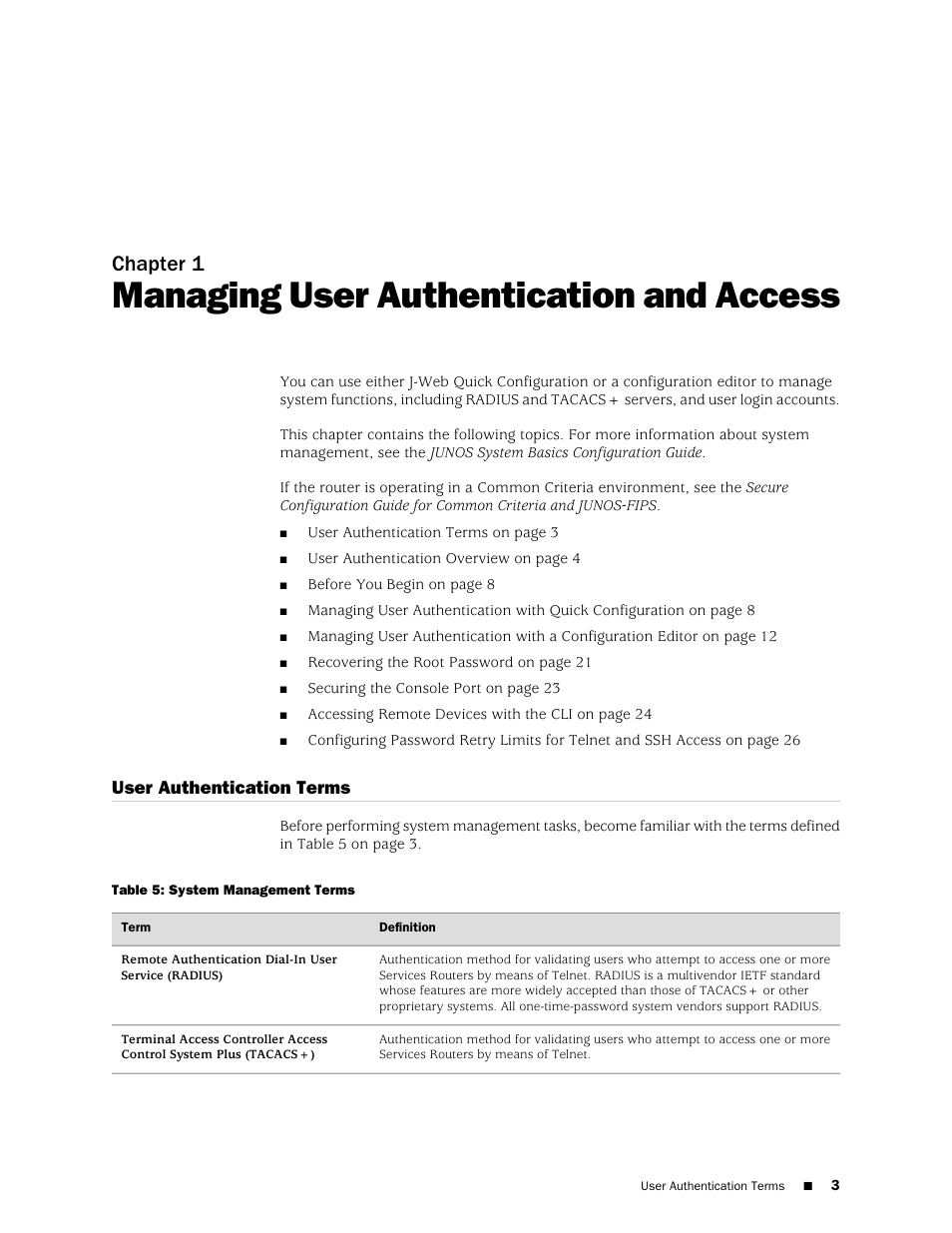 Managing user authentication and access, User authentication terms, Chapter 1 | Juniper Networks J-Series User Manual | Page 25 / 332