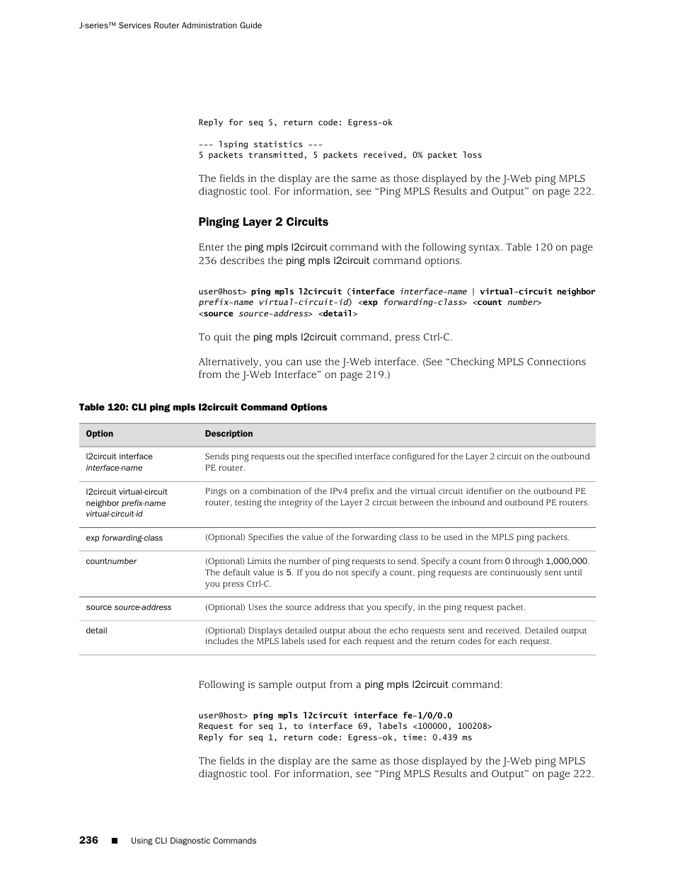 Pinging layer 2 circuits | Juniper Networks J-Series User Manual | Page 258 / 332