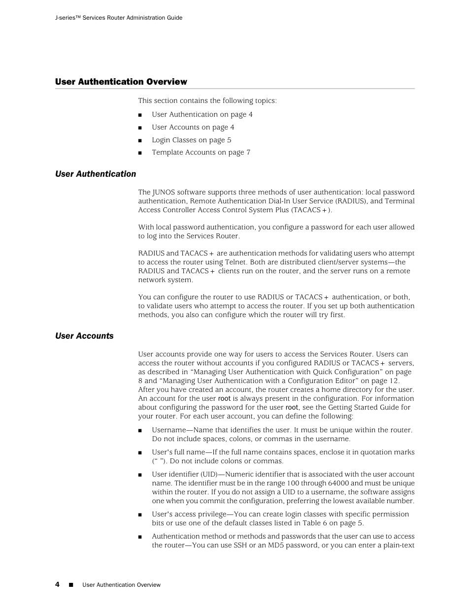 User authentication overview, User authentication, User accounts | User authentication user accounts | Juniper Networks J-Series User Manual | Page 26 / 332