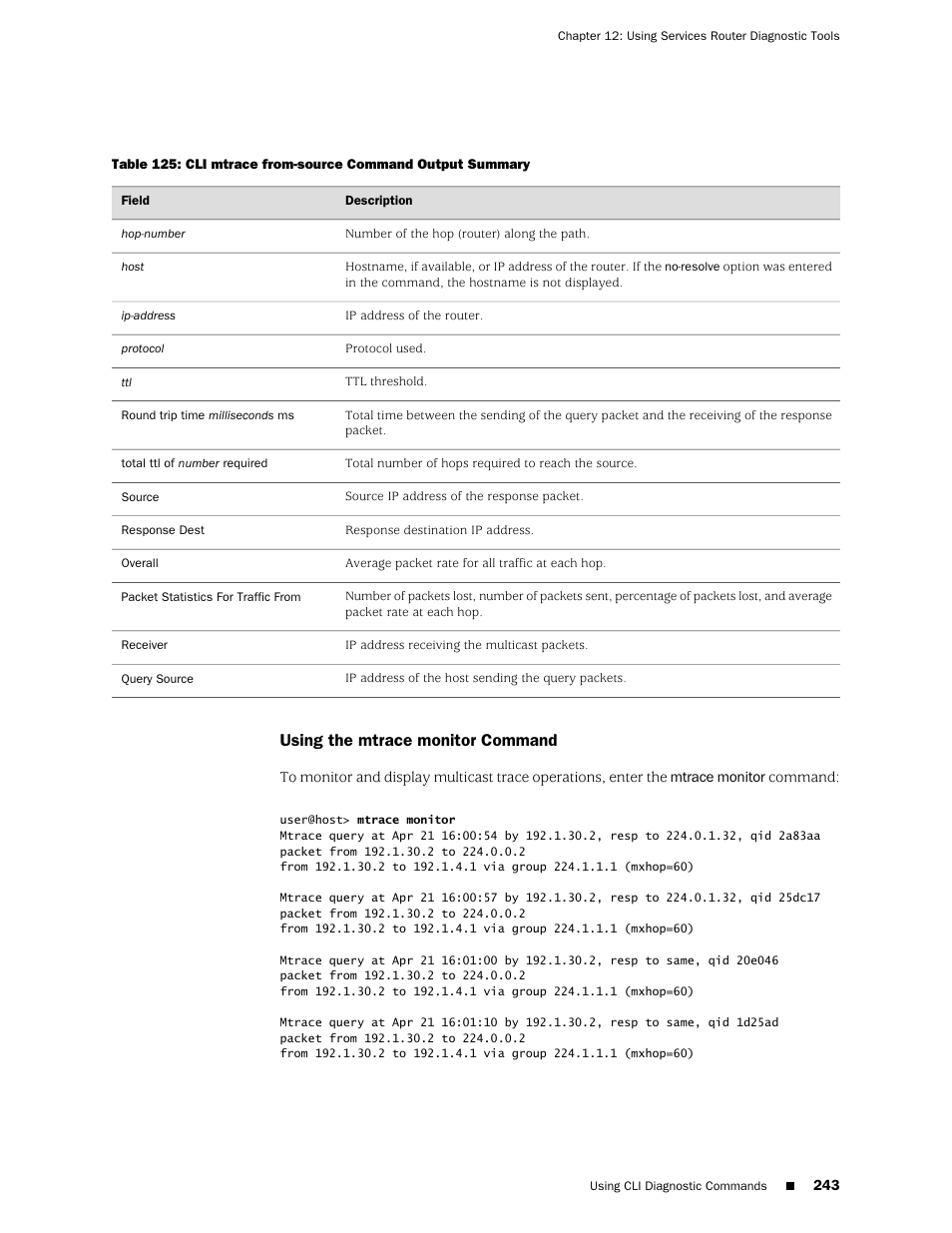 Using the mtrace monitor command | Juniper Networks J-Series User Manual | Page 265 / 332
