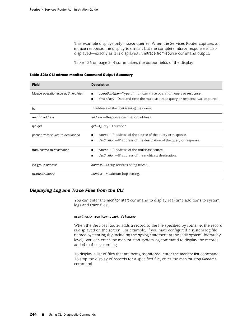 Displaying log and trace files from the cli | Juniper Networks J-Series User Manual | Page 266 / 332