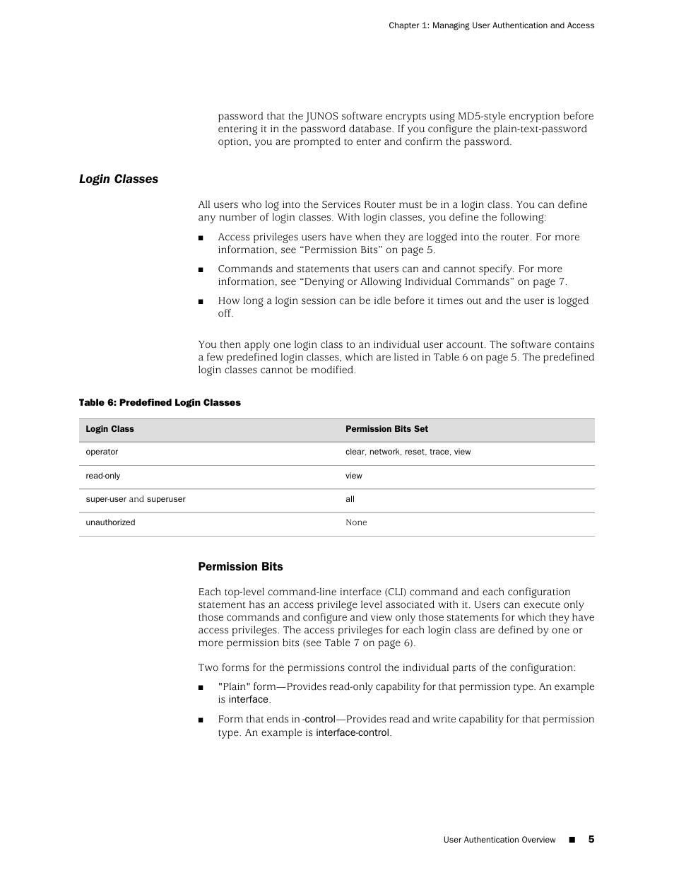 Login classes, Permission bits | Juniper Networks J-Series User Manual | Page 27 / 332