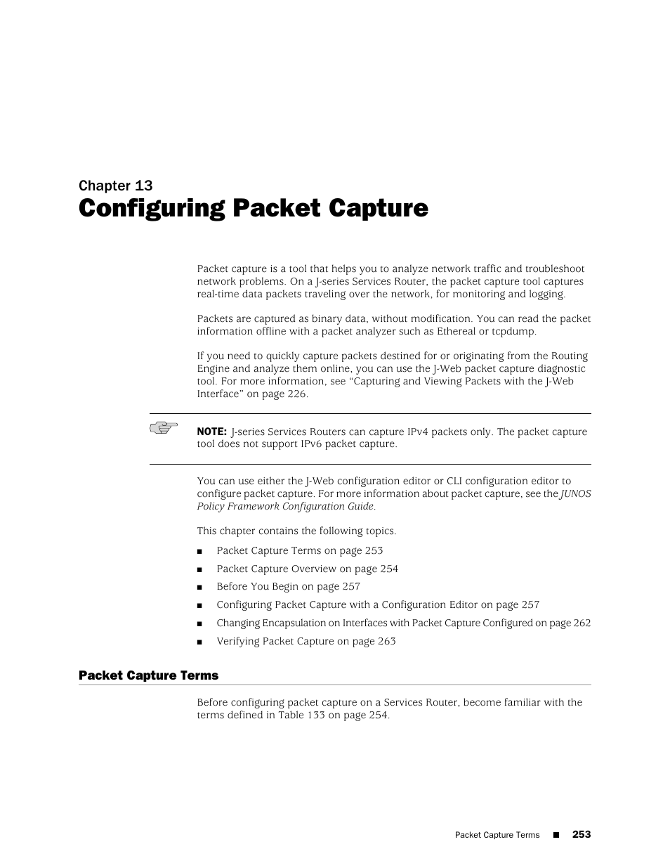 Configuring packet capture, Packet capture terms, Chapter 13 | Juniper Networks J-Series User Manual | Page 275 / 332