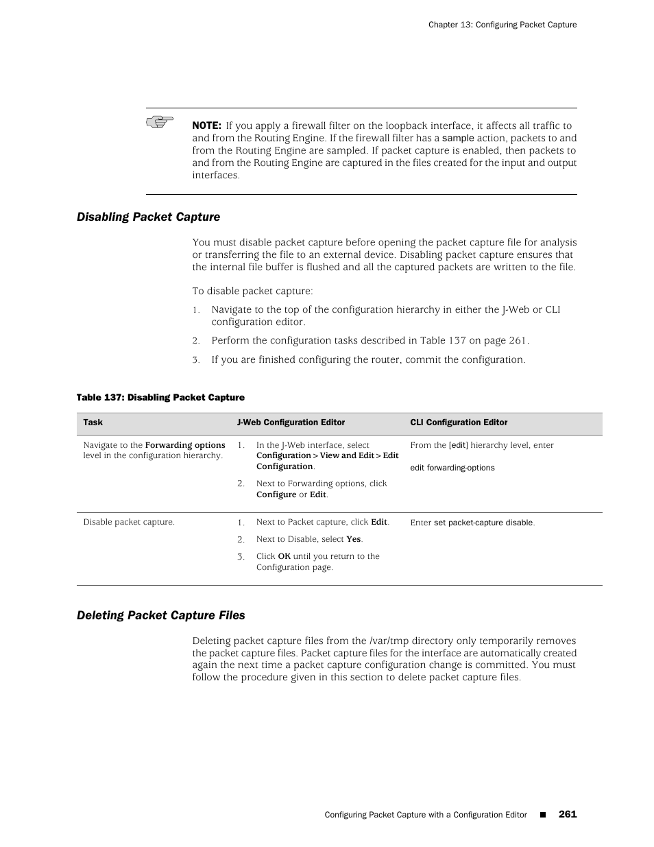Disabling packet capture, Deleting packet capture files, 261 deleting packet capture files | Juniper Networks J-Series User Manual | Page 283 / 332
