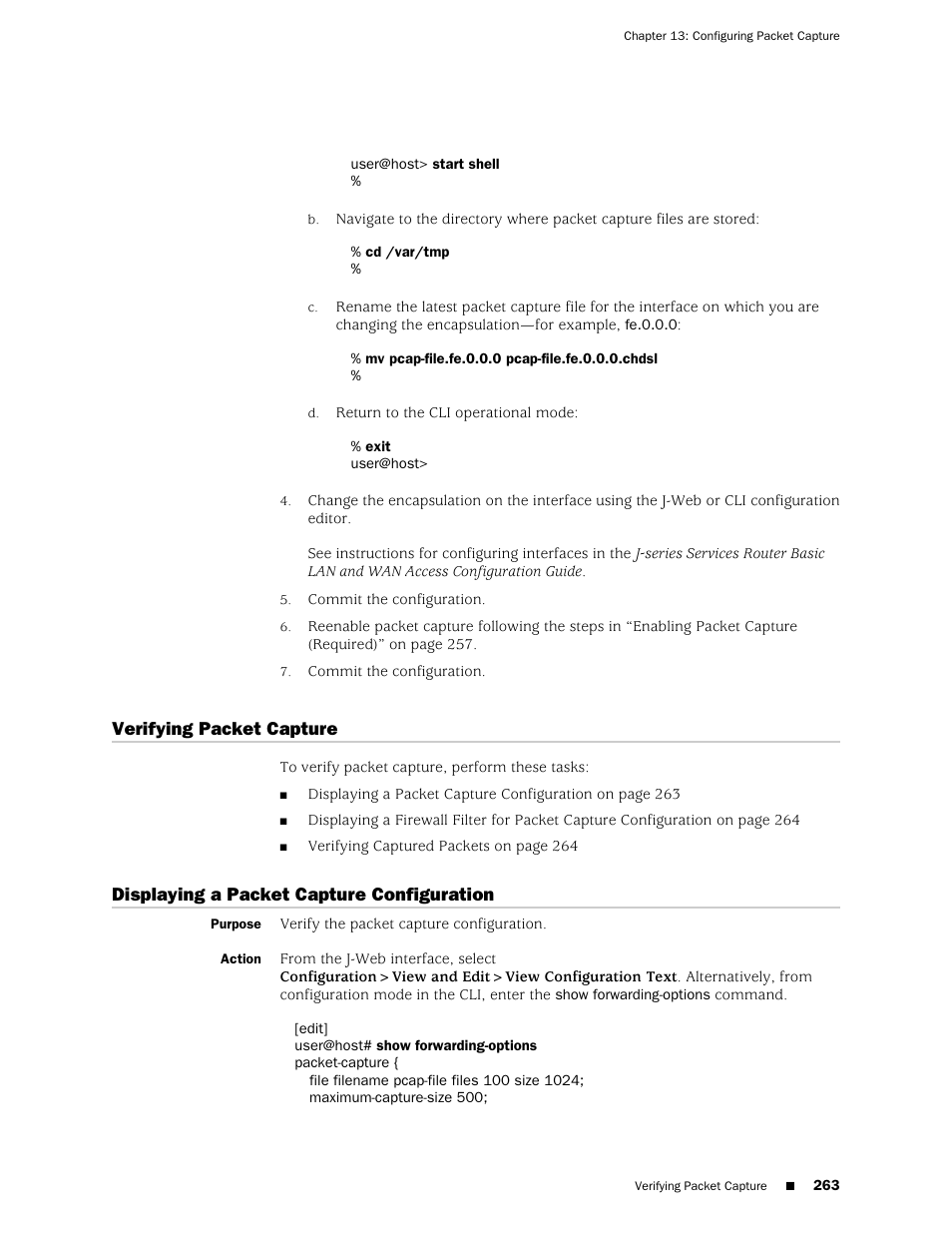 Verifying packet capture, Displaying a packet capture configuration | Juniper Networks J-Series User Manual | Page 285 / 332