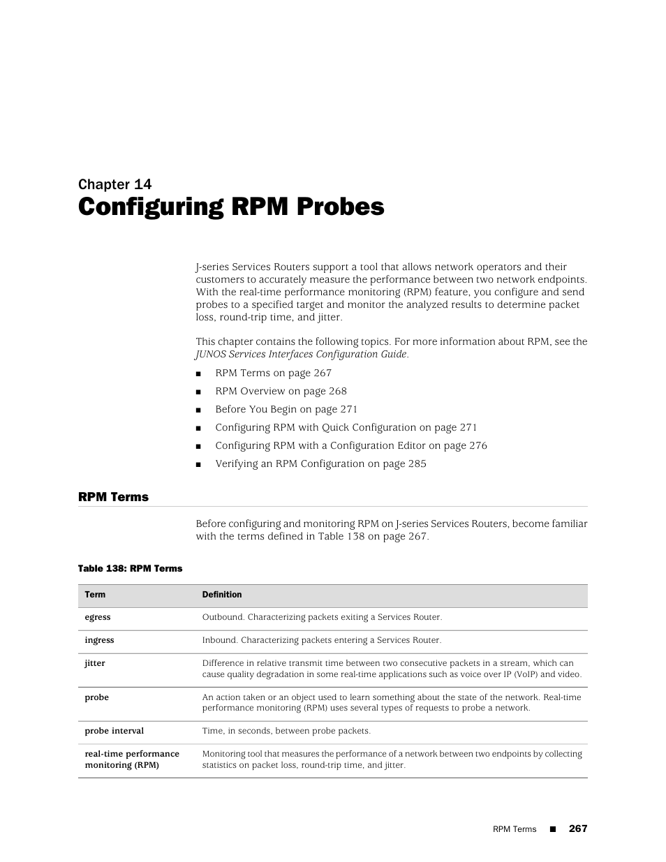 Configuring rpm probes, Rpm terms, Chapter 14 | Juniper Networks J-Series User Manual | Page 289 / 332