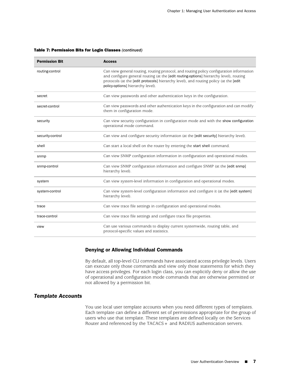 Denying or allowing individual commands, Template accounts | Juniper Networks J-Series User Manual | Page 29 / 332