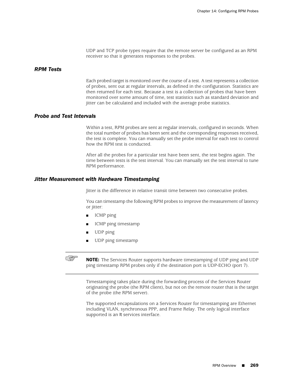 Rpm tests, Probe and test intervals, Jitter measurement with hardware timestamping | 269 probe and test intervals, 269 jitter measurement with hardware timestamping | Juniper Networks J-Series User Manual | Page 291 / 332