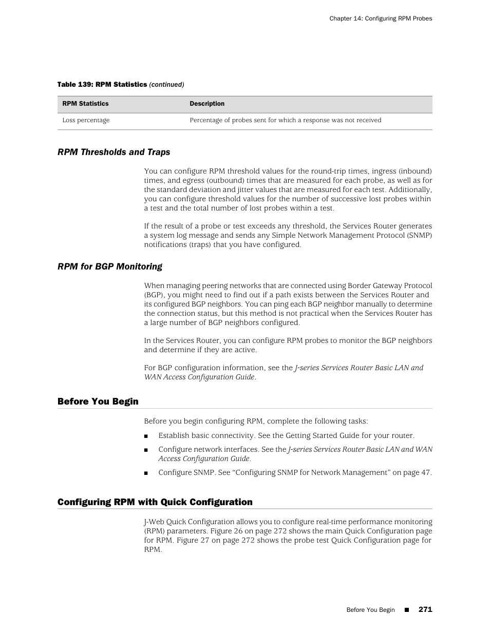 Rpm thresholds and traps, Rpm for bgp monitoring, Before you begin | Configuring rpm with quick configuration, 271 rpm for bgp monitoring, 271 configuring rpm with quick configuration | Juniper Networks J-Series User Manual | Page 293 / 332