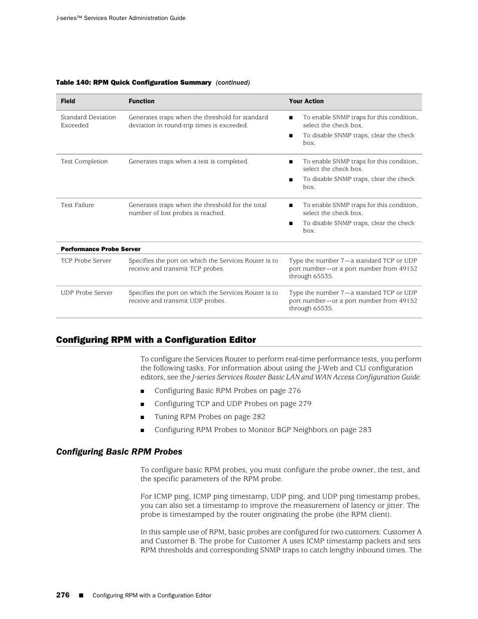 Configuring rpm with a configuration editor, Configuring basic rpm probes | Juniper Networks J-Series User Manual | Page 298 / 332