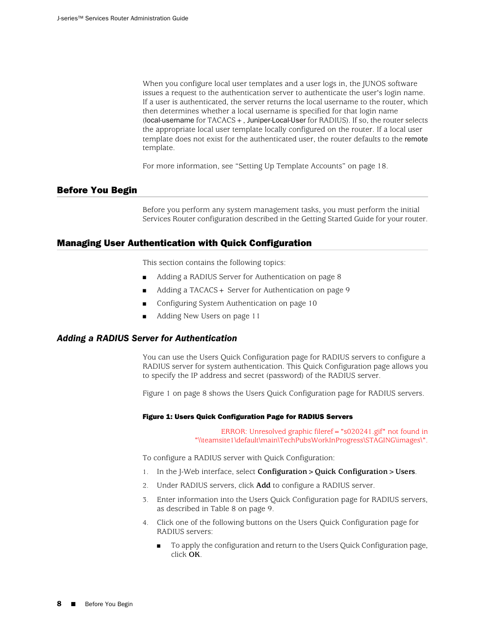 Before you begin, Adding a radius server for authentication | Juniper Networks J-Series User Manual | Page 30 / 332