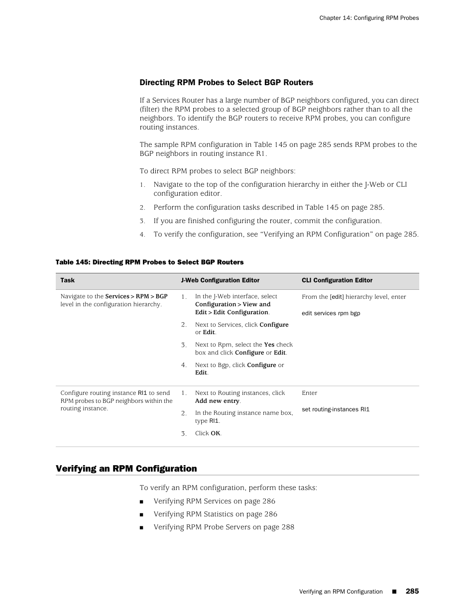 Directing rpm probes to select bgp routers, Verifying an rpm configuration | Juniper Networks J-Series User Manual | Page 307 / 332