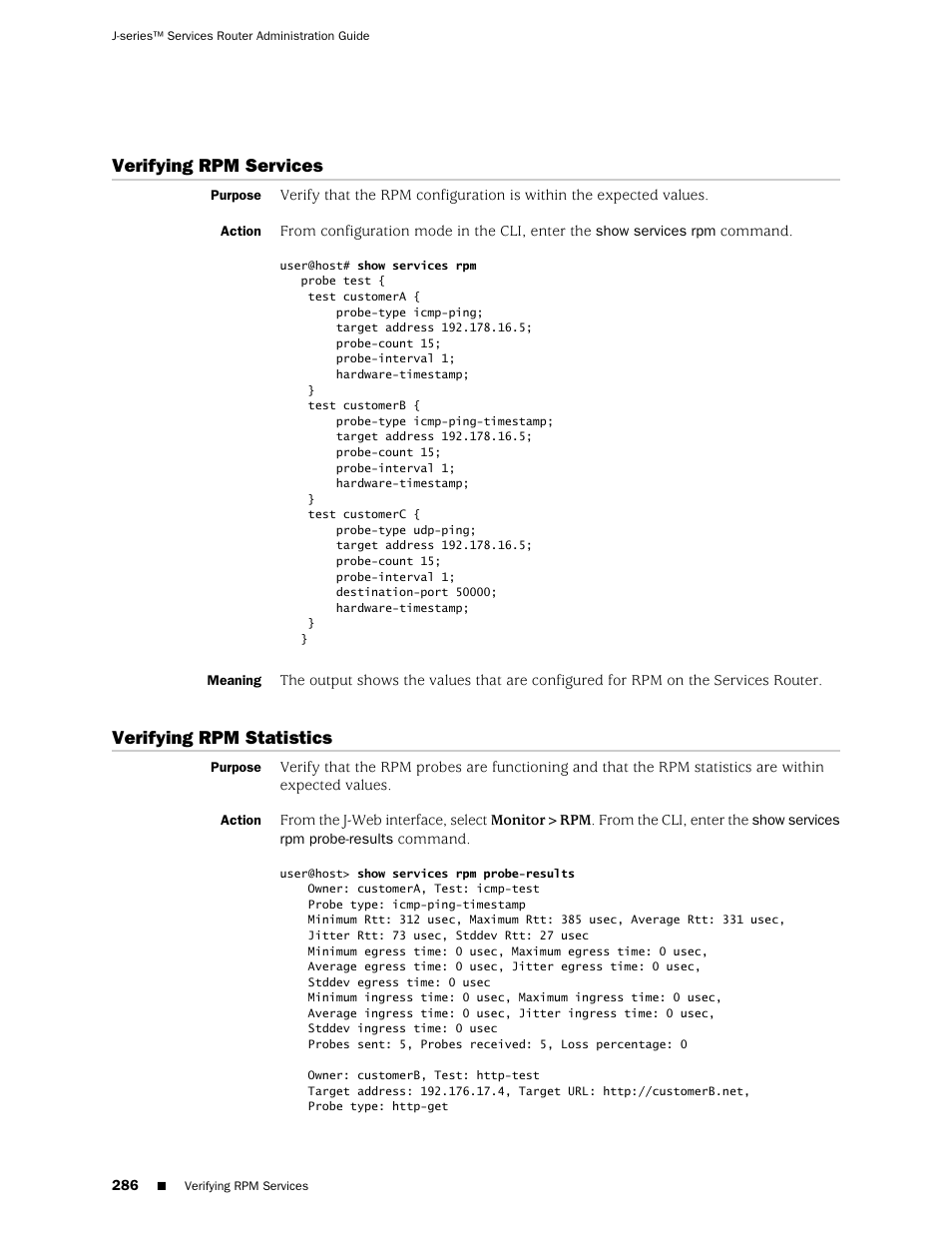Verifying rpm services, Verifying rpm statistics, 286 verifying rpm statistics | Juniper Networks J-Series User Manual | Page 308 / 332