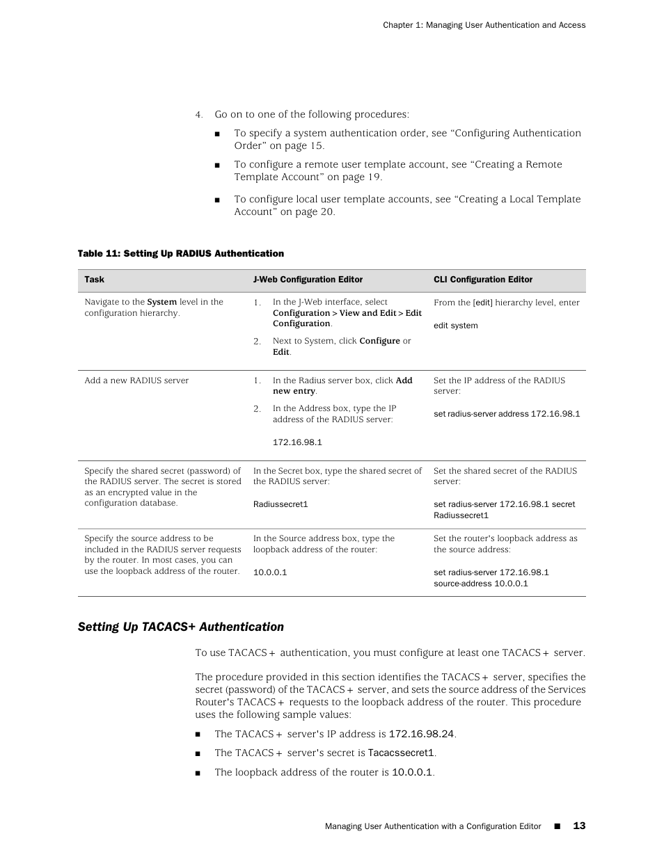 Setting up tacacs+ authentication | Juniper Networks J-Series User Manual | Page 35 / 332