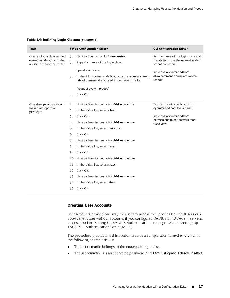 Creating user accounts | Juniper Networks J-Series User Manual | Page 39 / 332