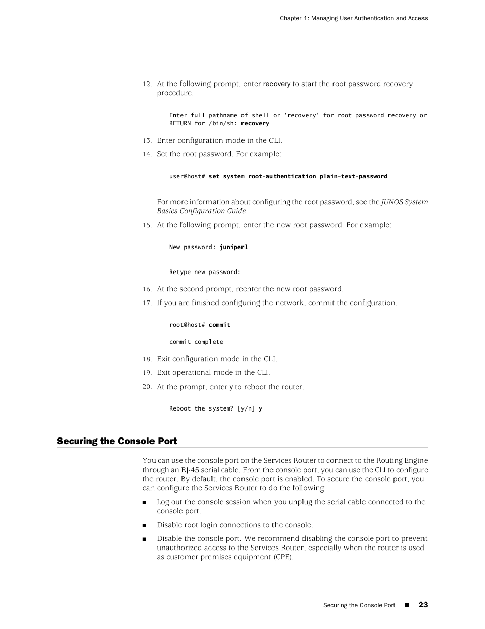 Securing the console port | Juniper Networks J-Series User Manual | Page 45 / 332