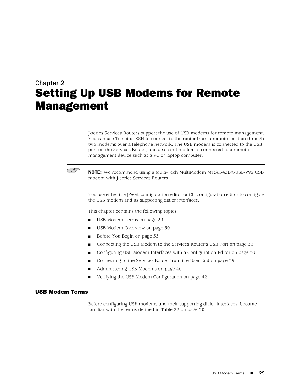 Setting up usb modems for remote management, Usb modem terms, Chapter 2 | Juniper Networks J-Series User Manual | Page 51 / 332