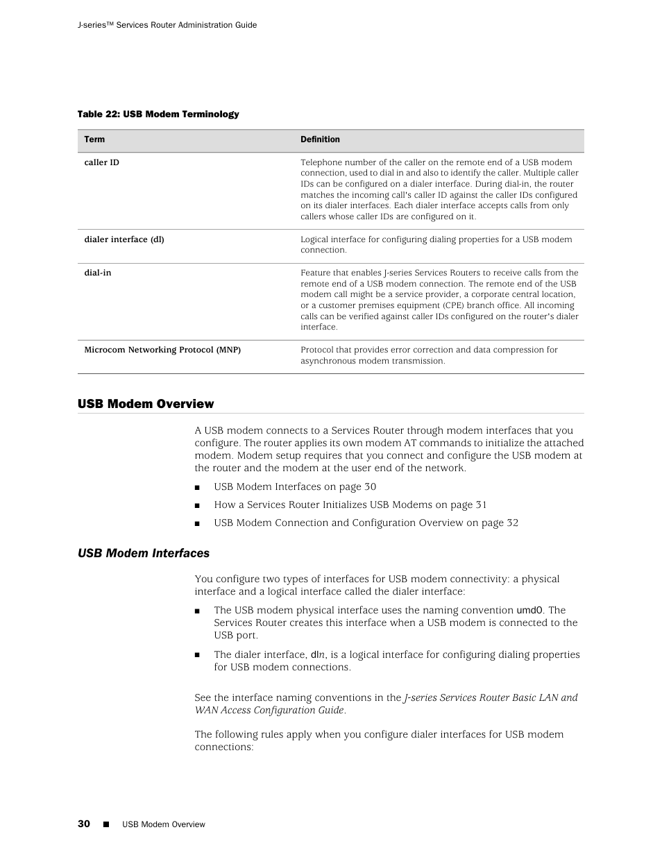 Usb modem overview, Usb modem interfaces | Juniper Networks J-Series User Manual | Page 52 / 332