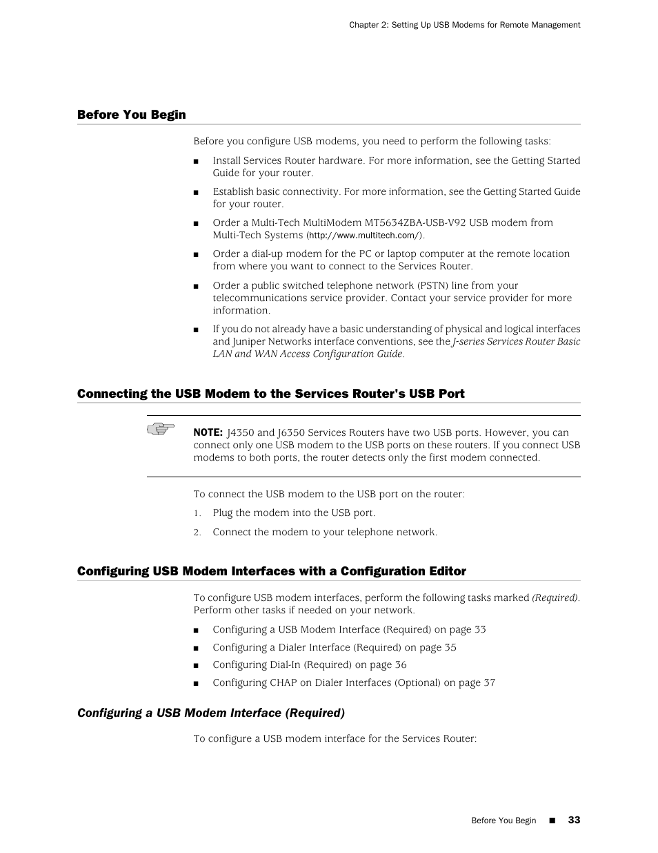 Before you begin, Configuring a usb modem interface (required) | Juniper Networks J-Series User Manual | Page 55 / 332