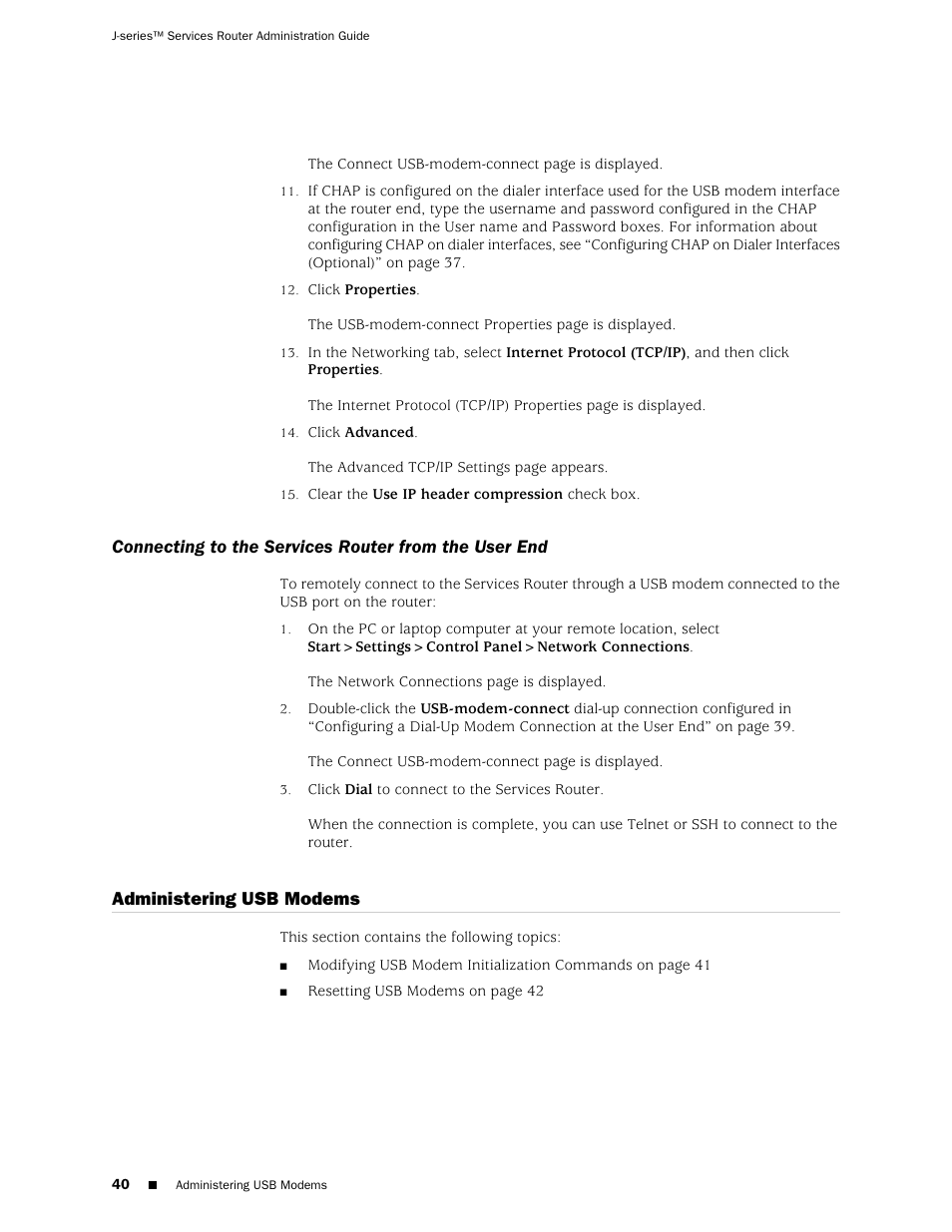 Administering usb modems | Juniper Networks J-Series User Manual | Page 62 / 332