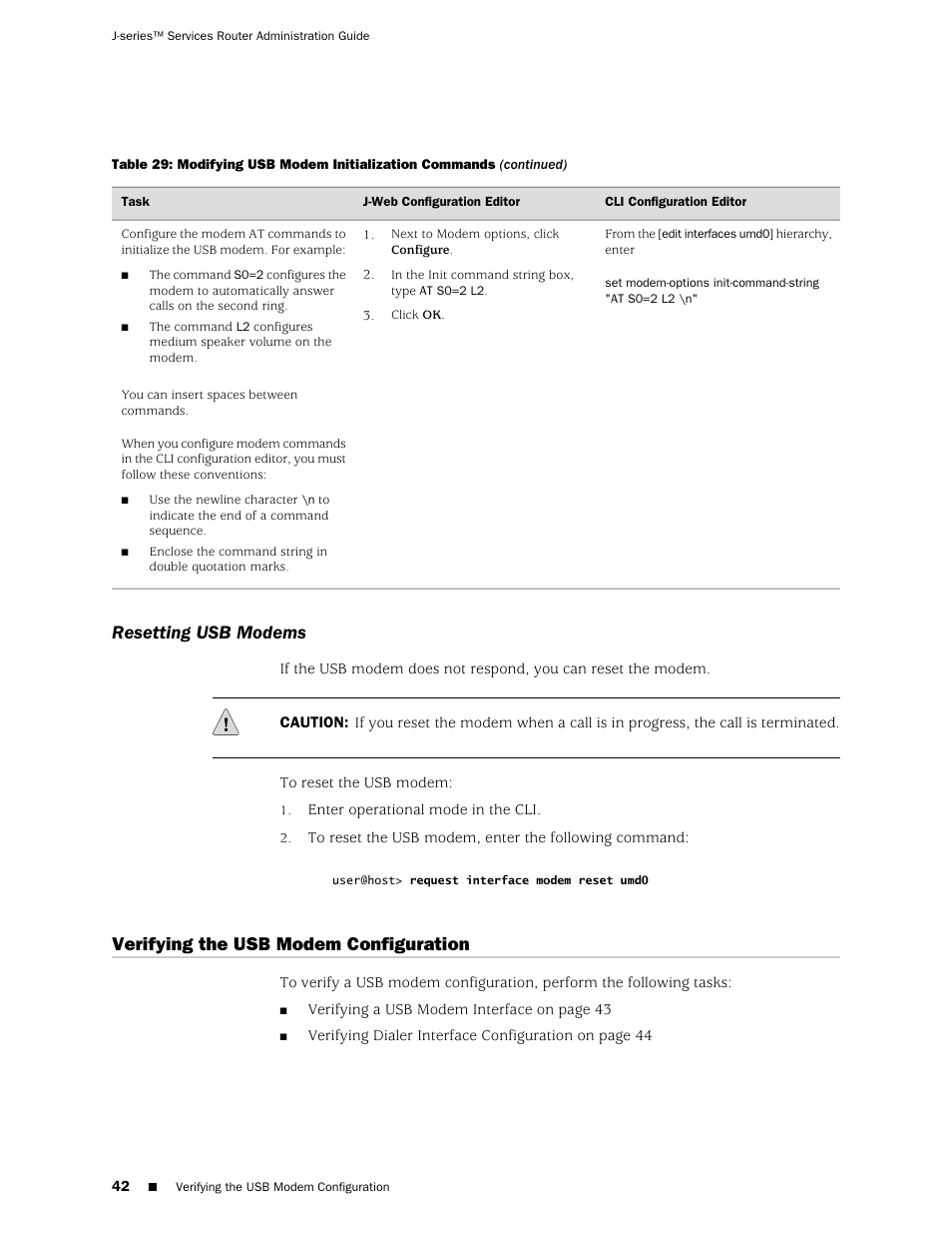 Resetting usb modems, Verifying the usb modem configuration | Juniper Networks J-Series User Manual | Page 64 / 332