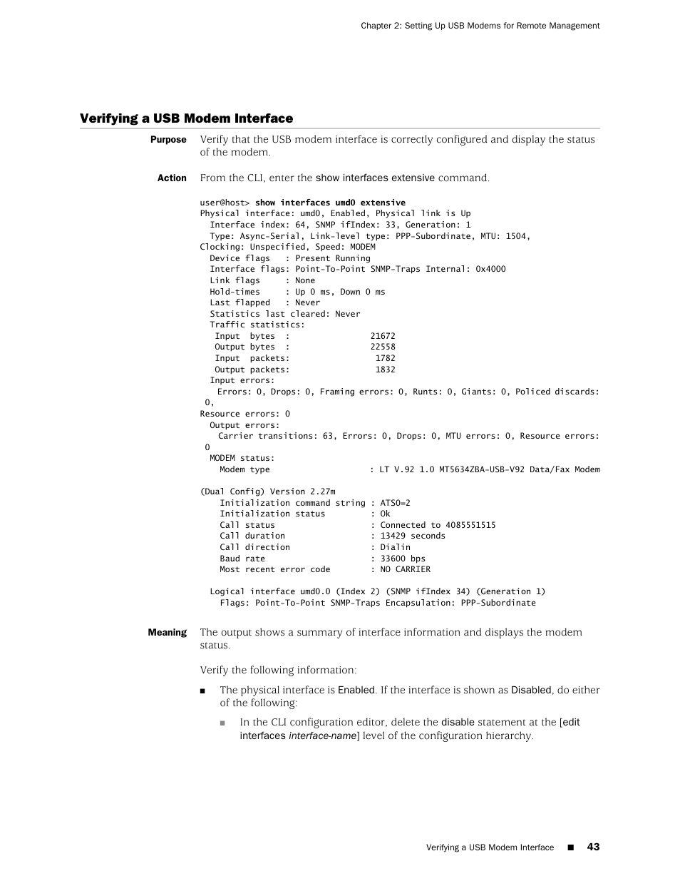 Verifying a usb modem interface | Juniper Networks J-Series User Manual | Page 65 / 332