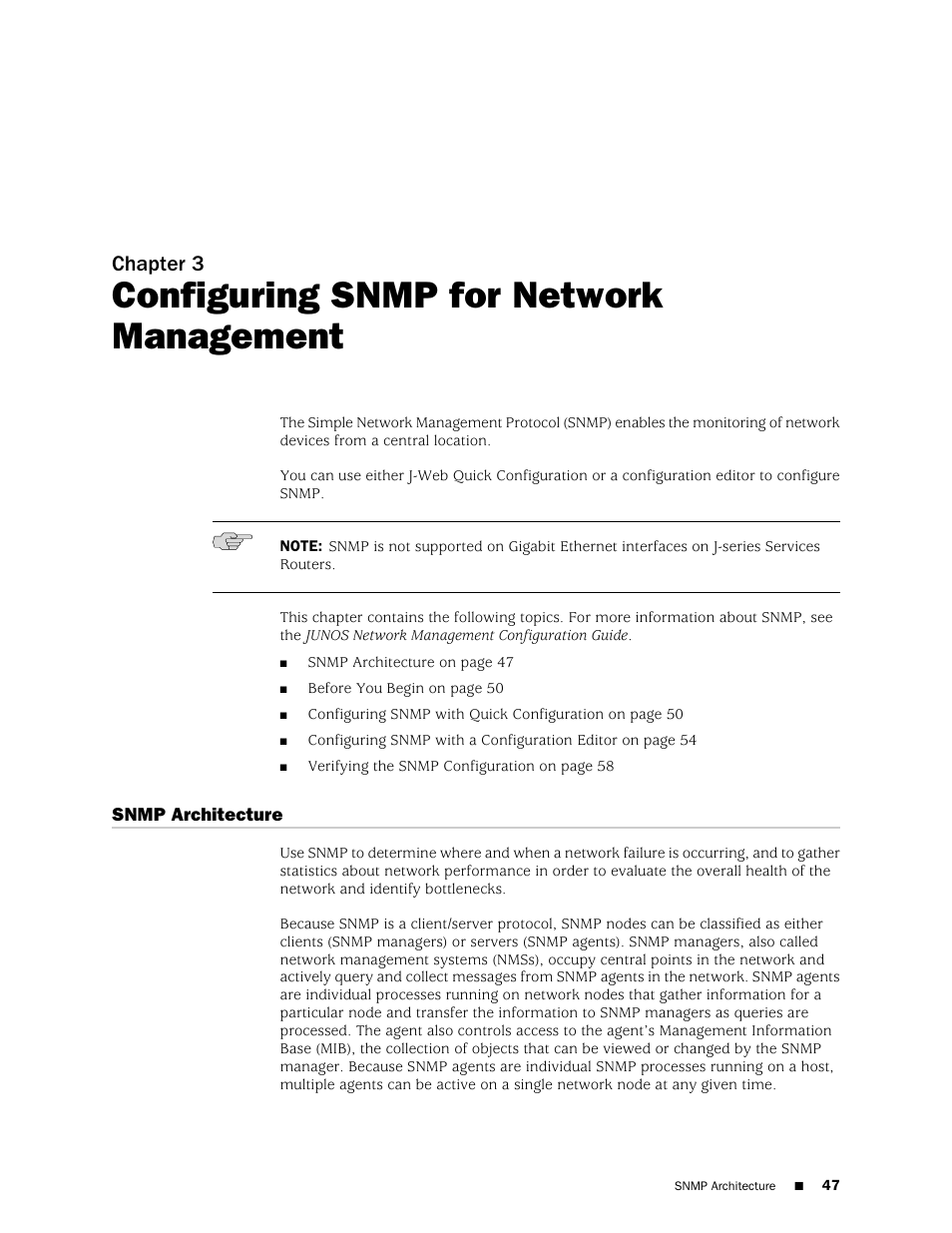 Configuring snmp for network management, Snmp architecture, Chapter 3 | Juniper Networks J-Series User Manual | Page 69 / 332