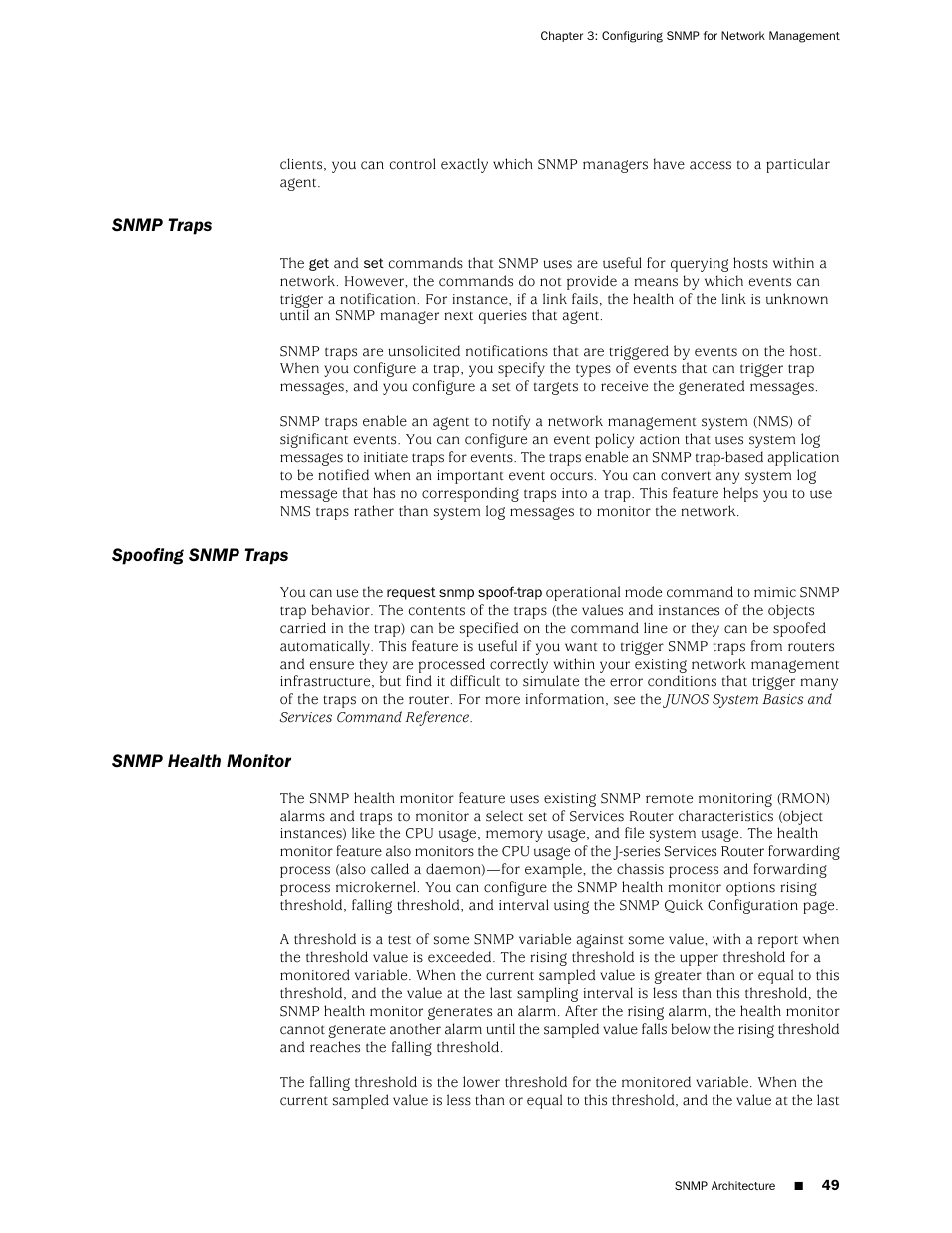 Snmp traps, Spoofing snmp traps, Snmp health monitor | Snmp traps spoofing snmp traps snmp health monitor | Juniper Networks J-Series User Manual | Page 71 / 332