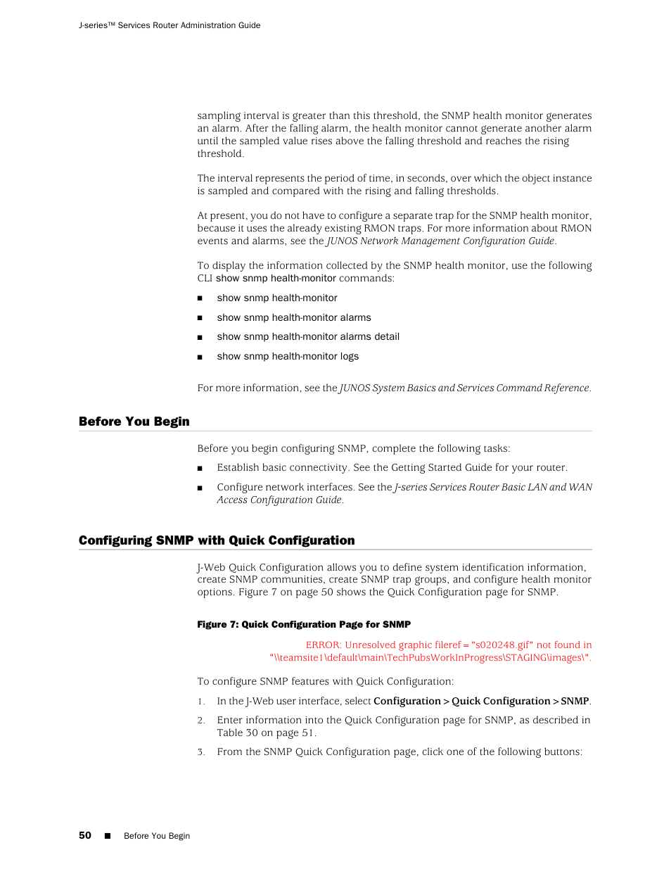 Before you begin, Configuring snmp with quick configuration | Juniper Networks J-Series User Manual | Page 72 / 332