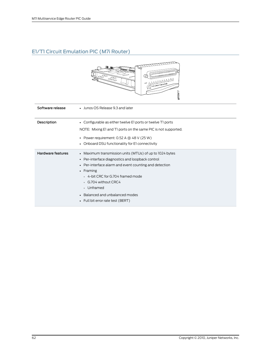 E1/t1 circuit emulation pic (m7i router) | Juniper Networks M7I User Manual | Page 62 / 105
