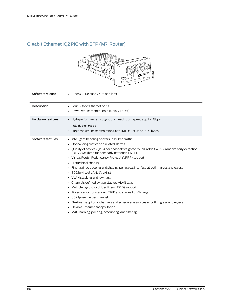 Gigabit ethernet iq2 pic with sfp (m7i router) | Juniper Networks M7I User Manual | Page 80 / 105