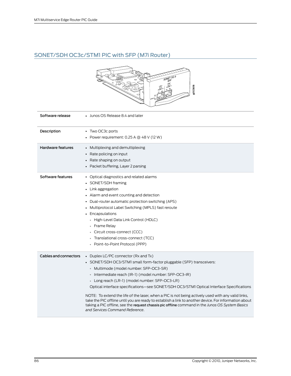 Sonet/sdh oc3c/stm1 pic with sfp (m7i router) | Juniper Networks M7I User Manual | Page 86 / 105